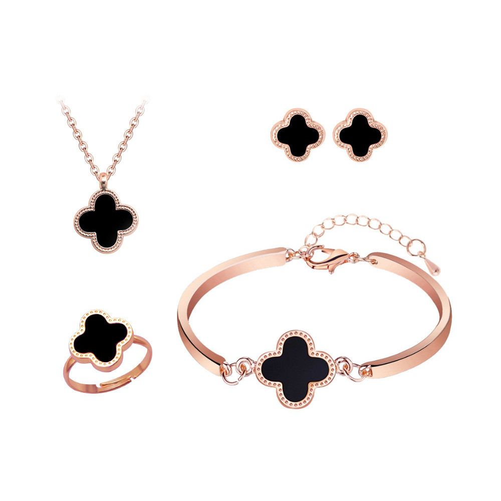 Clover Titanium Vintage Perhiasan Wanita/ Anting + Kalung + Gelang(gelang Tangan) + Cincin 4pcs/Set