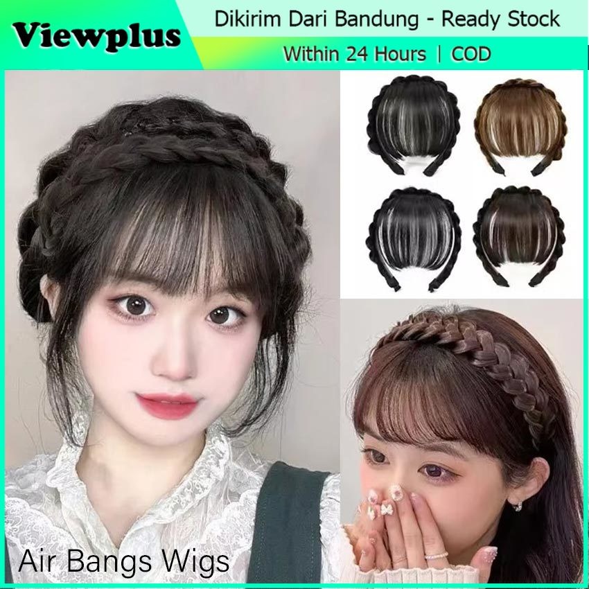 Bando Rambut Kepang Poni Korea / Rambut Palsu Wanita/ Bando Rambut Kepang Poni Lurus Sintetis Korea/