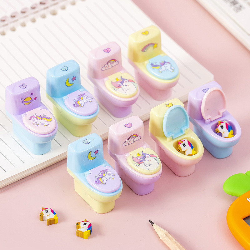 

50 pcs/lot Kawaii Unicorn Toilet Shape Pencil Sharpener With Eraser Stationery Set Kids Gift Office School Supplies