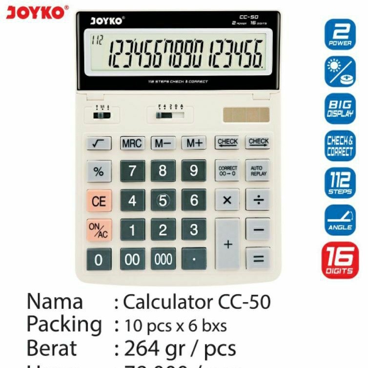 

Joyko CC-50 Calculator 16 digit angka / Kalkulator / 16 Digits jumbo