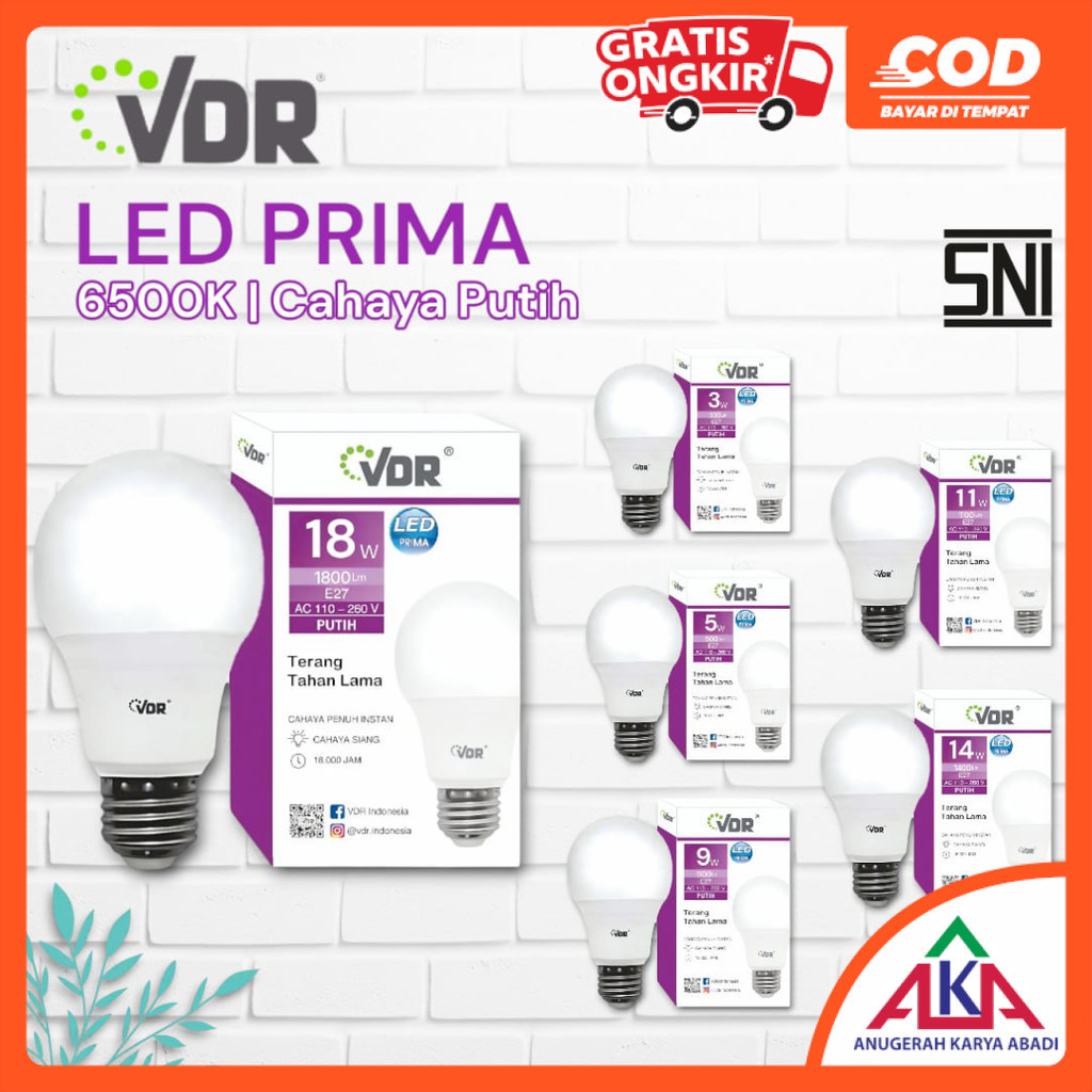 VDR PRIMA Lampu Bohlam LED 3W 5W 7W 9W 11W 14W 18W 22W 25W Watt CDL Cool Daylight Putih E27 SNI