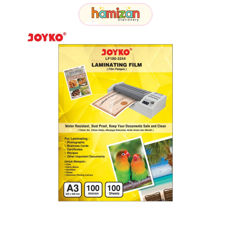 

( 1 pack = 100 lembar ) Joyko Laminating Film A3 320mm x 440mm ketebalan 100 micron / Film Pelapis Plastik A3 100 Lembar LF100-3244 / Laminating Film Plastik Laminating Joyko LF100-3244 A3 100 Sheets Murah Berkualitas