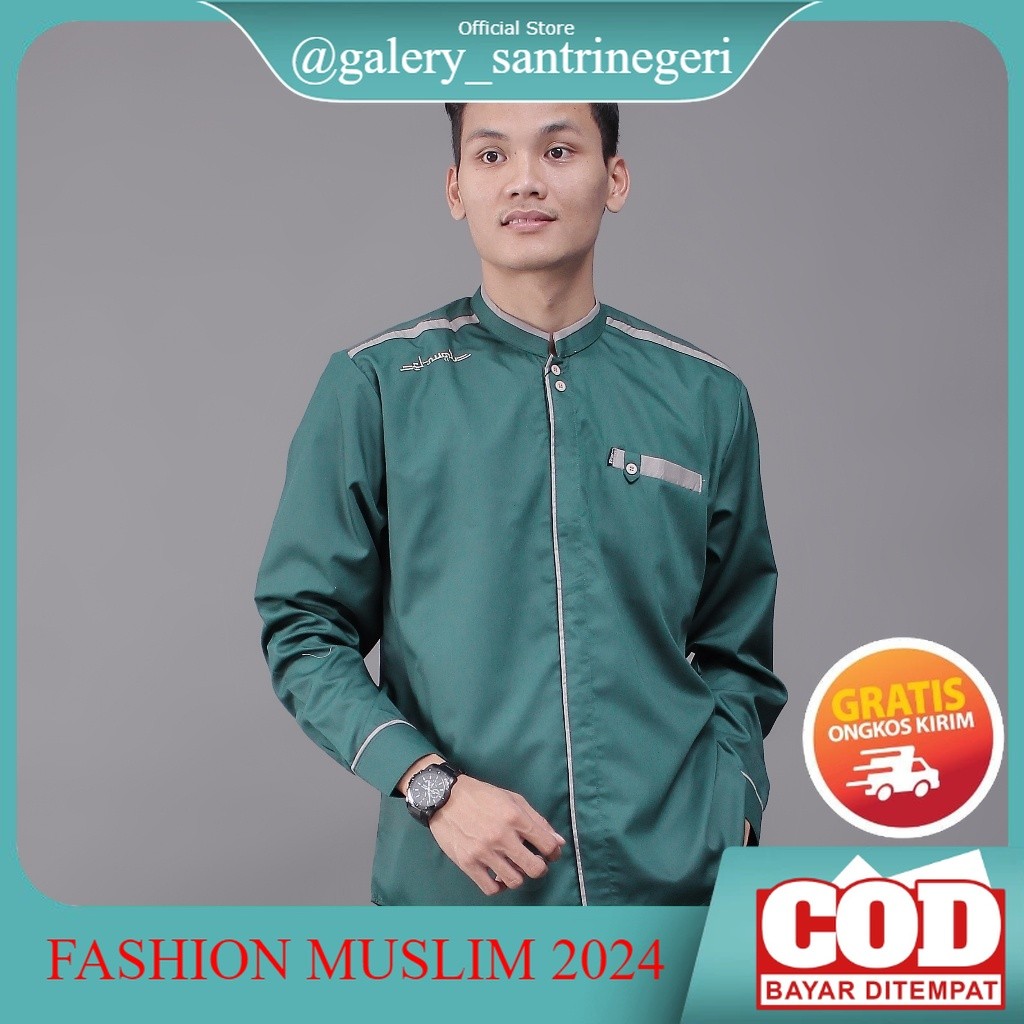 NEW Baju Koko Lengan Panjang Motif Yisunsin Warna Hijau Botol Bordir Elrumi Casual Slimfit Elegan