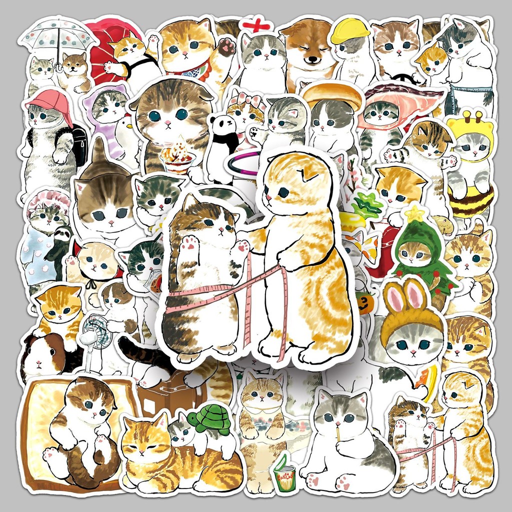 

50 Pcs Cartoon Cats Hand Draw Stickers Creative Cute Animal Pets Cat Meme Waterproof Sticker Notebook Refrigerator Decoration
