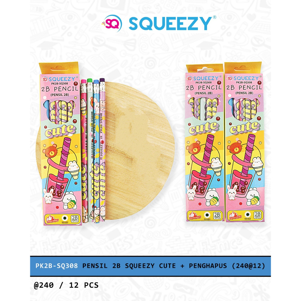 

1 Box 12 Pcs Pensil 2B Squeezy Karakter Cutedan Paris ujung penghapus