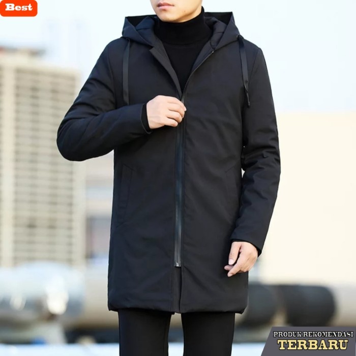 hoodie pria keren JAKET HOODIE PRIA POLOS PRIA ORIGINAL LONG COAT 043 - Hitam, 0