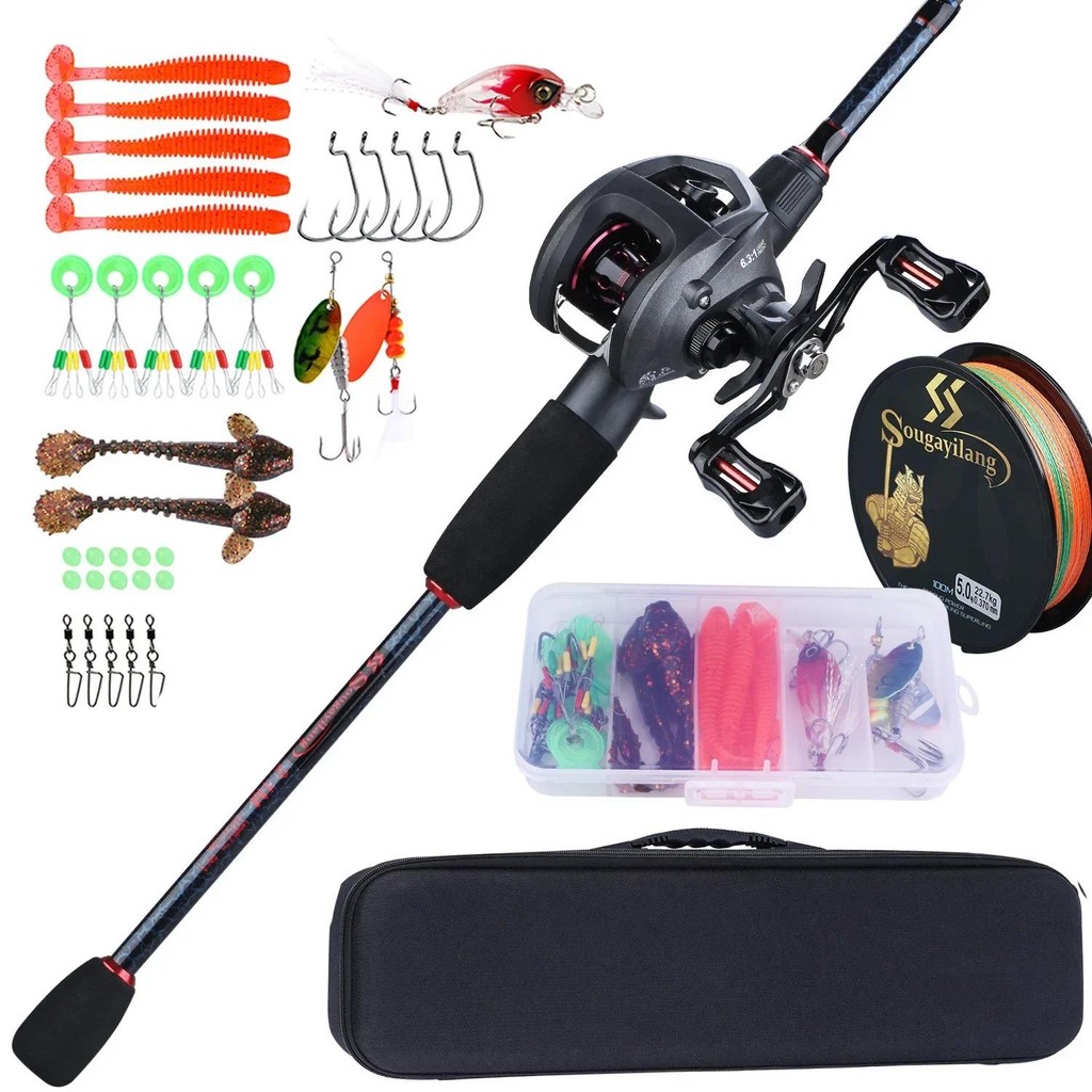 Sougayilang Fishing Rod Full Kits Casting Fishing Rod and Baitcasting Reel Fishing Lure Hooks Line B