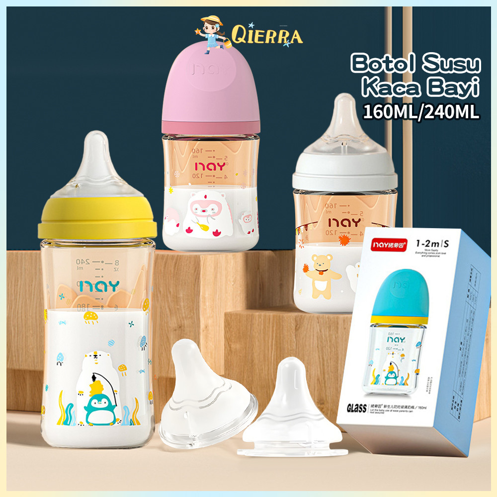 Qierra Botol Susu Kaca Bayi Newborn 160/240ML Botol Susu Bayi Anti Kolik Botol Minum Bayi