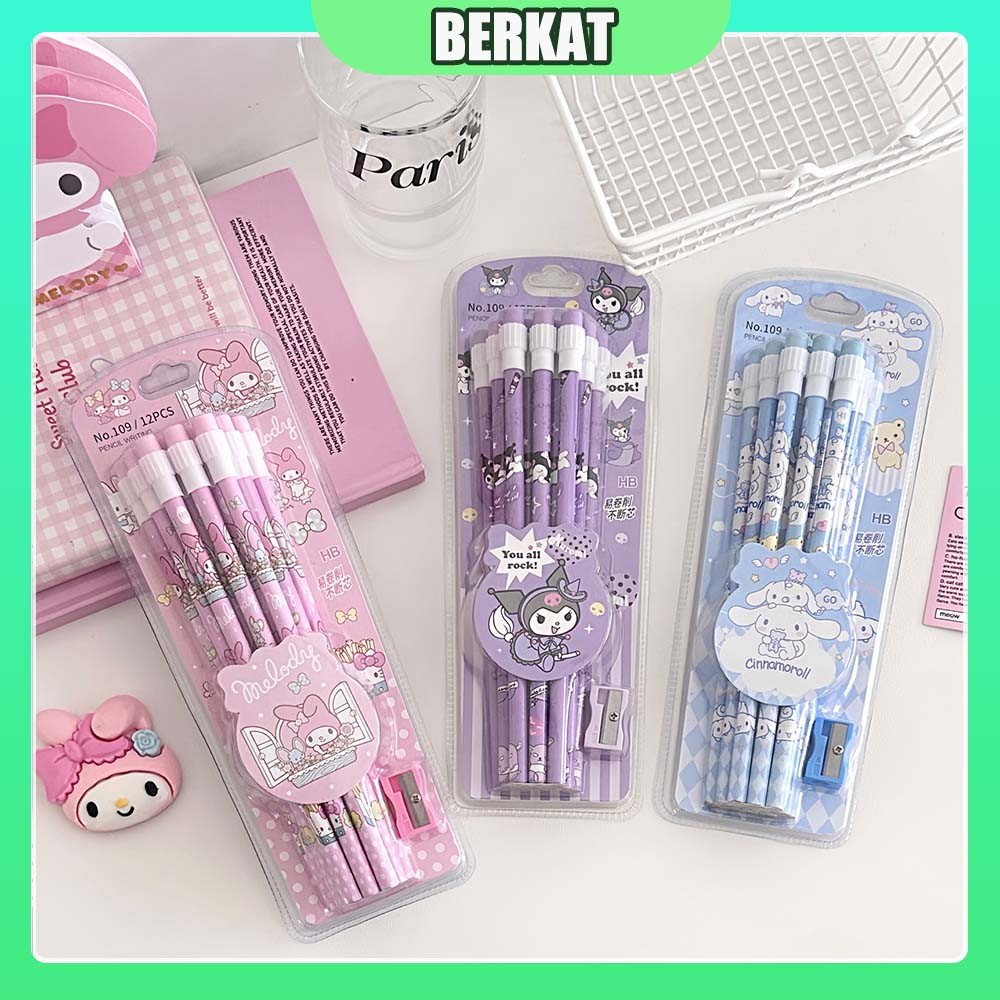 

Sanrio Kuromi / Melody / Pulpen Bisa Dihapus/Pena Bisa Dihapus Pulpen Ge l/ Cinnamoroll Motif Set Pensil isi 12pcs Pensil Batang + 1 Pcs Serutan