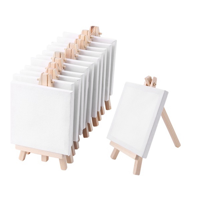 

4 By 4 Inch Mini Canvas And 8*16cm Mini Wood Easel Set For Painting Drawing School Student Artist Supplies, 12 Pack