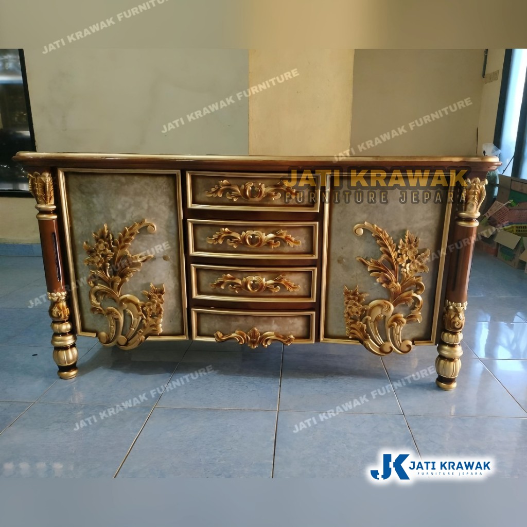Meja tv kayu jati ukiran kiansantang. Bufet tv ukiran jati Finishing Duco Marmer