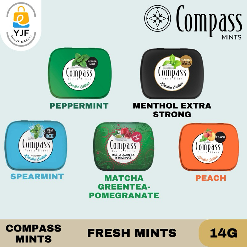 

Compass Fresh Mint Menthol Candy / Permen Compas Mint / Candy Mint Import rasa Matcha / Peach / Peppermint / Extra Strong Mint / Spearmint Ice - 14g