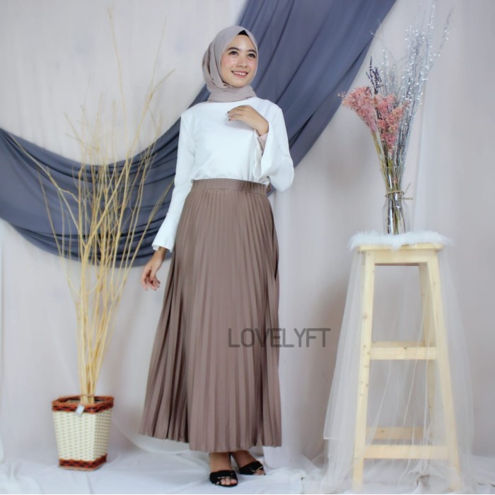 Rok Plisket Premium Quality / Rok Rempel Panjang / Rok hijab -14 warna - Mocca Tua