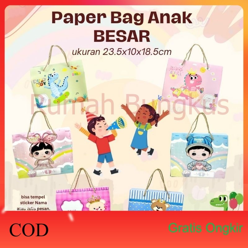 

(Rumahbungkus) Paperbag Anak Snack Ukuran Sedang 23,5x10x18cm Buat Kado Ulang Tahun Gift Acara Anak Ulang Tahun Uk 23,5x10x18cm