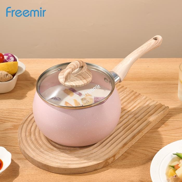 [MEGA SALE] Freemir Panci Susu 16 cm Batu Granit dengan Tutup Kaca Cekung Anti Lengket Peralatan Ama