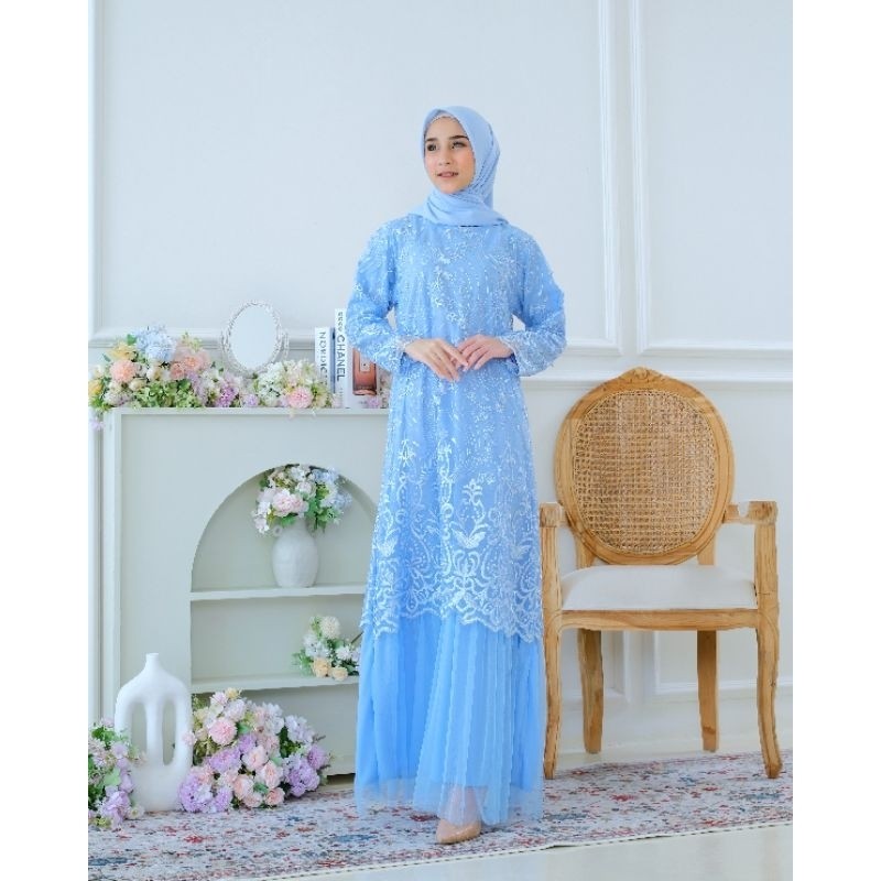 GROHO_SHOP.ID Gamis tutu kombinasi brukat tile mewah wanita dewasa nyaman adem