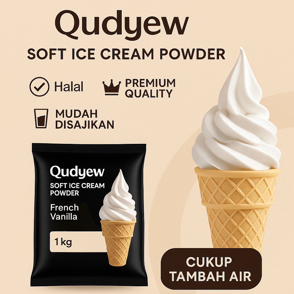 

Bubuk Es Krim Qudyew French Vanilla 1kg – Soft Ice Cream Halal Murah menjual partai besar untuk gerai es krim mixue, we drink, momoyo, tian lala