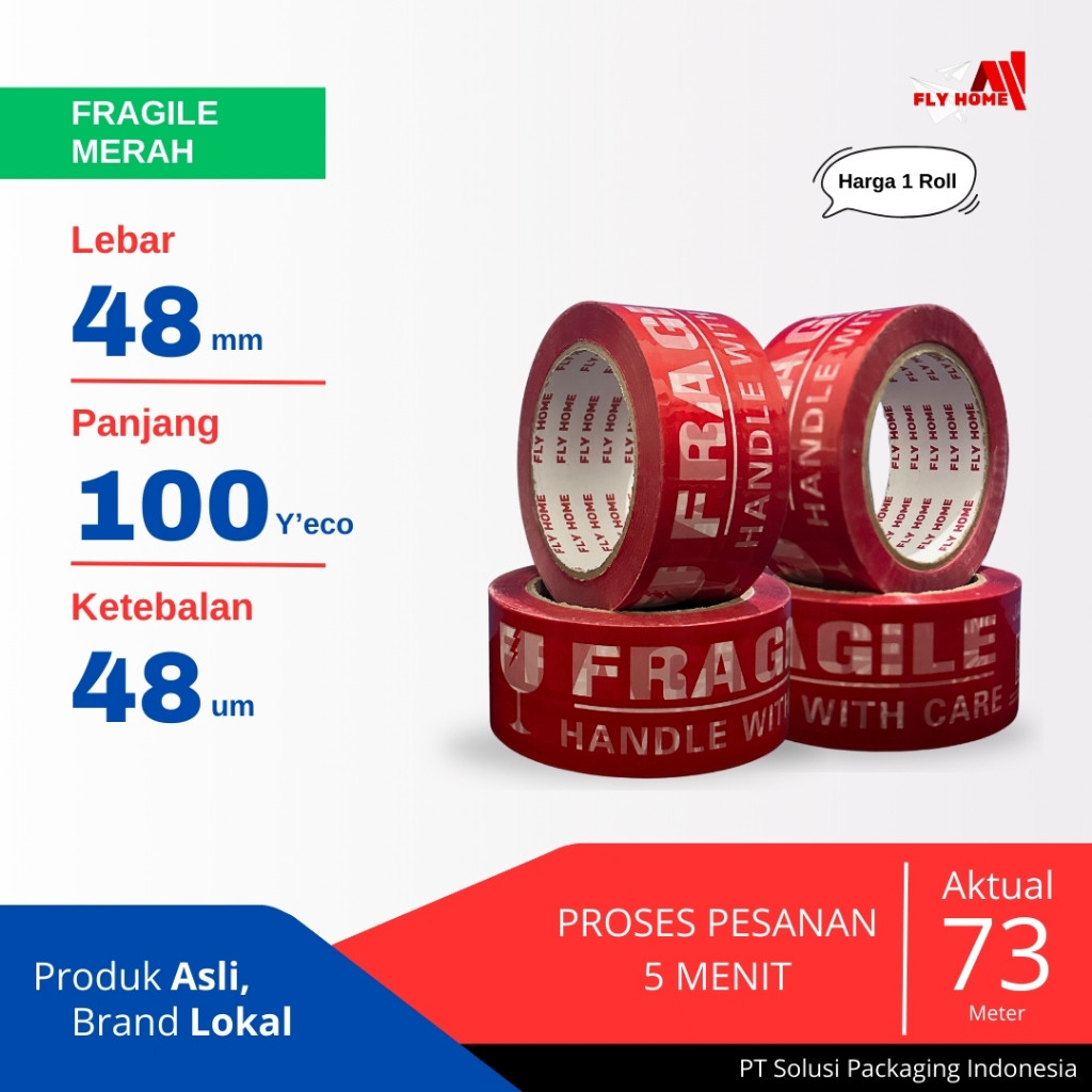 

Flyhome Fragile Merah 100yard 48mm x 100yard 2inci 1 Roll Lakban Fragile 100 Yard ECO