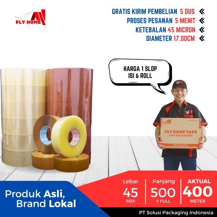 

FLYHOME Lakban bening coklat 45x500yard 6roll 2inchi ukuran FULL