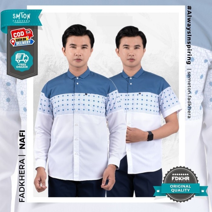 Fadkhera Nafi Kemeja Pria Putih Biru Motif Koko Modern