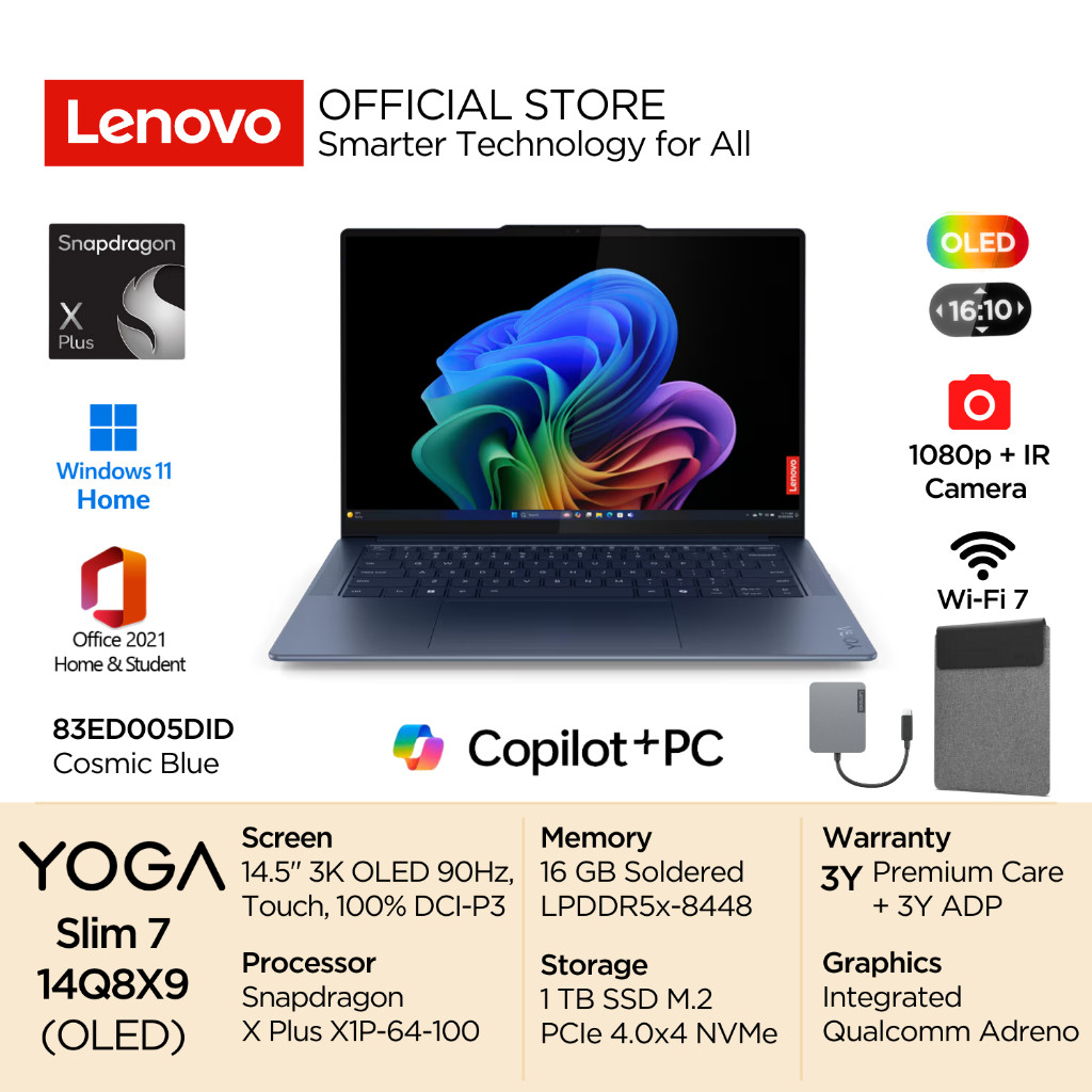 Lenovo Yoga Slim 7x 14Q8X9 5DID Snapdragon X Plus X1P-64-100 Win11 16GB 1TB SSD 14.5" 3K OLED Touch 