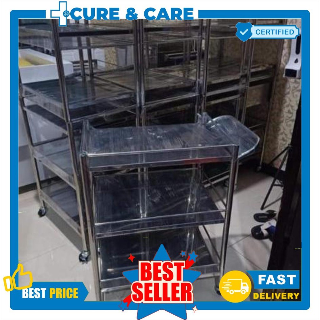 trolley instrumen 3 Susun Troli Medis Meja instrumen 3 rak Stainless