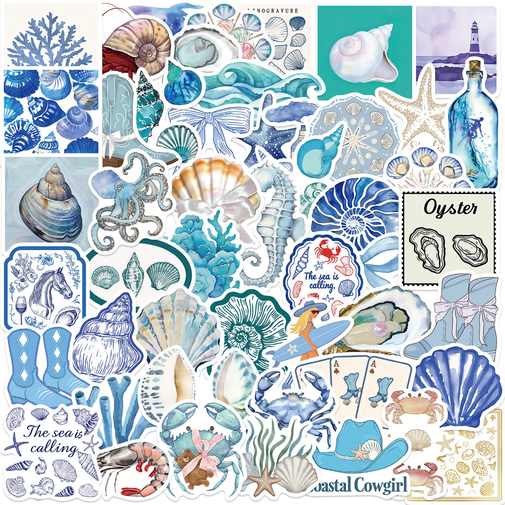 

50PCS The Coastal Girl Stickers Skateboard Notebook Luggage Phone Car Sticker Toy Kawaii Cartoon Shell Crab Shrimp Decals