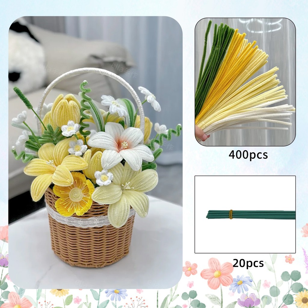 

420pcs Pipe Cleaner Flowers Kit DIY Art Flower Bouquet Craft Set Colorful Chenille Stems Wire with Green Floral Wires,