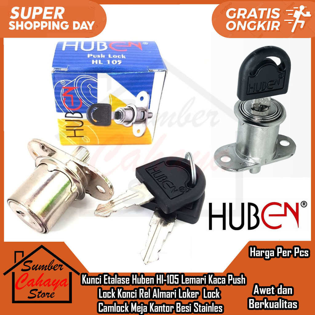 Kunci Etalase Huben Hl-105 Lemari Kaca Push Lock Konci Rel Almari Loker Locker Furniture Kecil Konte