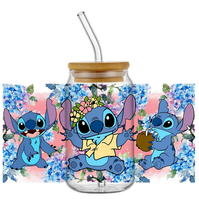 

Miniso New Design Cartoon Stitch Waterproof UV DTF Cup Mug Wraps Sticker DIY 3D Decal For 16oz Libbey Glass