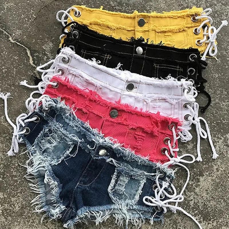 MEXZT Women Denim Ripped Shorts Sexy Low Waist Jeans Female Summer Denim Knotted Band Mini Shorts Dj