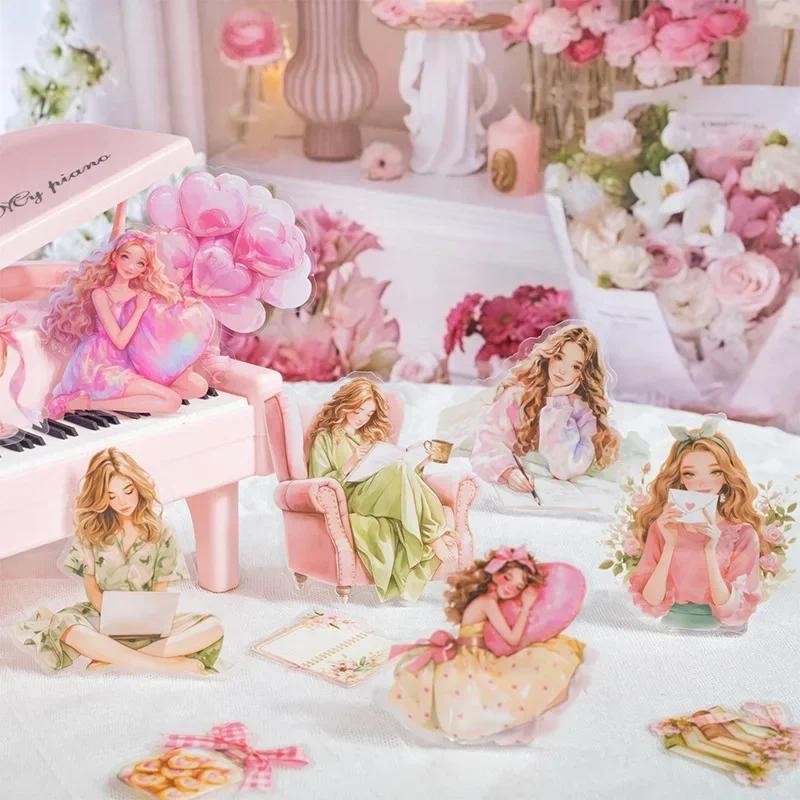 

25pcs Girl Pink Character Girl Material package Decorative Writing Stationery Scrapbook 126*112mmPET Sticker Pink Dream