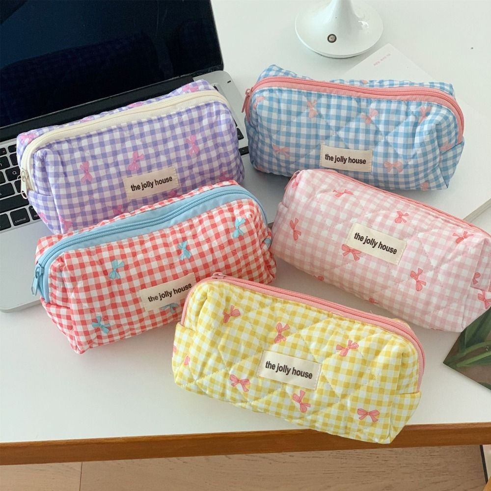 

Kawaii Korean Cute Pencil Bag Pink Purple Small Checkered Fresh Style Pencil Cases Student Large Capacity Cosmetic Storage Bag
