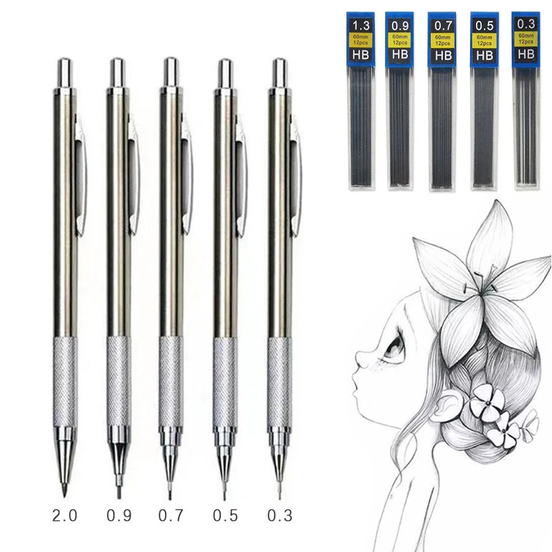 

Metal Drawing Pencils 0.3 0.5 0.7 0.9 1.3 2.0mm HB Art Sketch Writing Mechanical Pencil Leads School Office Supplies Stationary