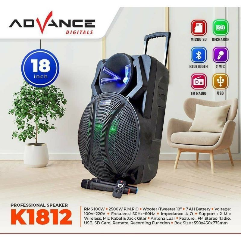 SPEAKER 18 INCH ADVANCE K1812 BLUETOOTH SALON AKTIF 18 IN GRATIS 2 MIC / MEETING - KARAOKE - ACARA