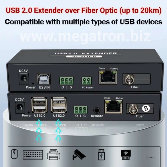 4 Port USB 2.0 Extender Over Fiber Optic (FO) - Up to 20km