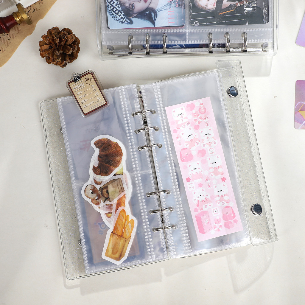 

A6 Narrow Loose-leaf Case Double-button Transparent Glitter Card Book Creative DIY Journal Student Supplies Stationery