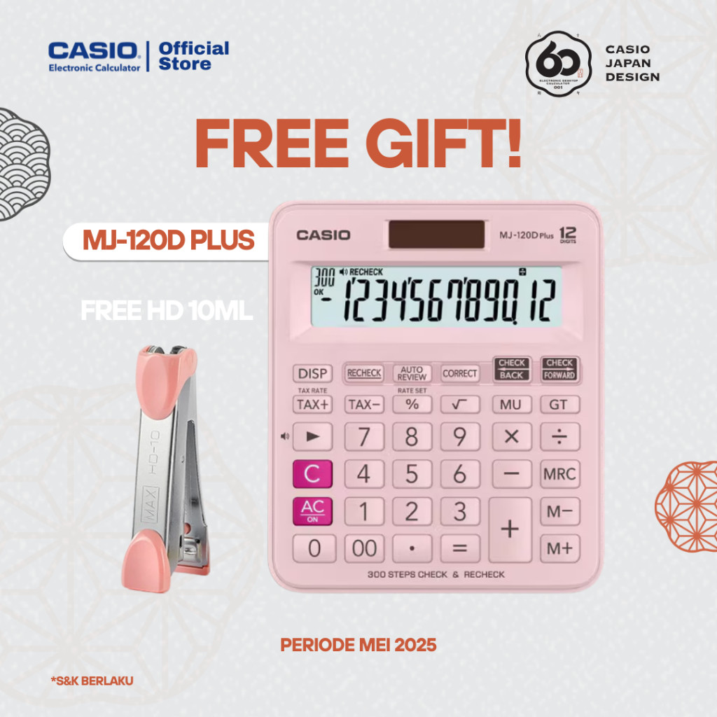 

CASIO CALCULATOR MJ-120DPLUS - PINK - Kalkulator Dagang - 12digit - FREE STAPLERS