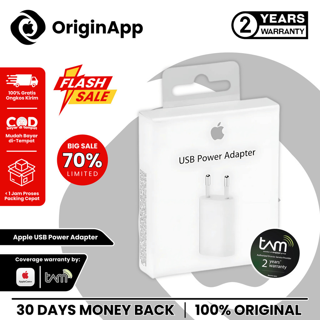 5W USB Power Adapter Charge iPhone Garansi Resmi TAM 2 Tahun Original 100% iP 15 14 13 12 11 Pro Max