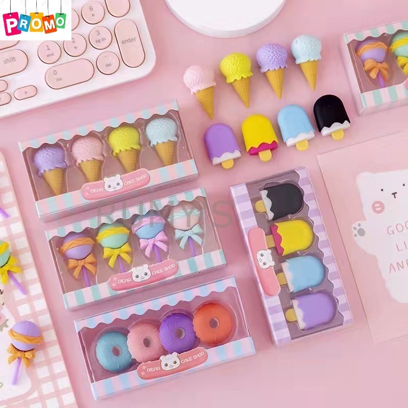 

(RUMY'S) Penghapus Pensil 4 PCS Model Ice Cream Lollipop Donat Penghapus Lucu Set Anak