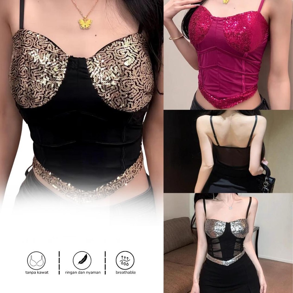 Tanktop Wanita Motif Manik Abstrak Tanpa Kawat - All Size - Panjang, Atasan