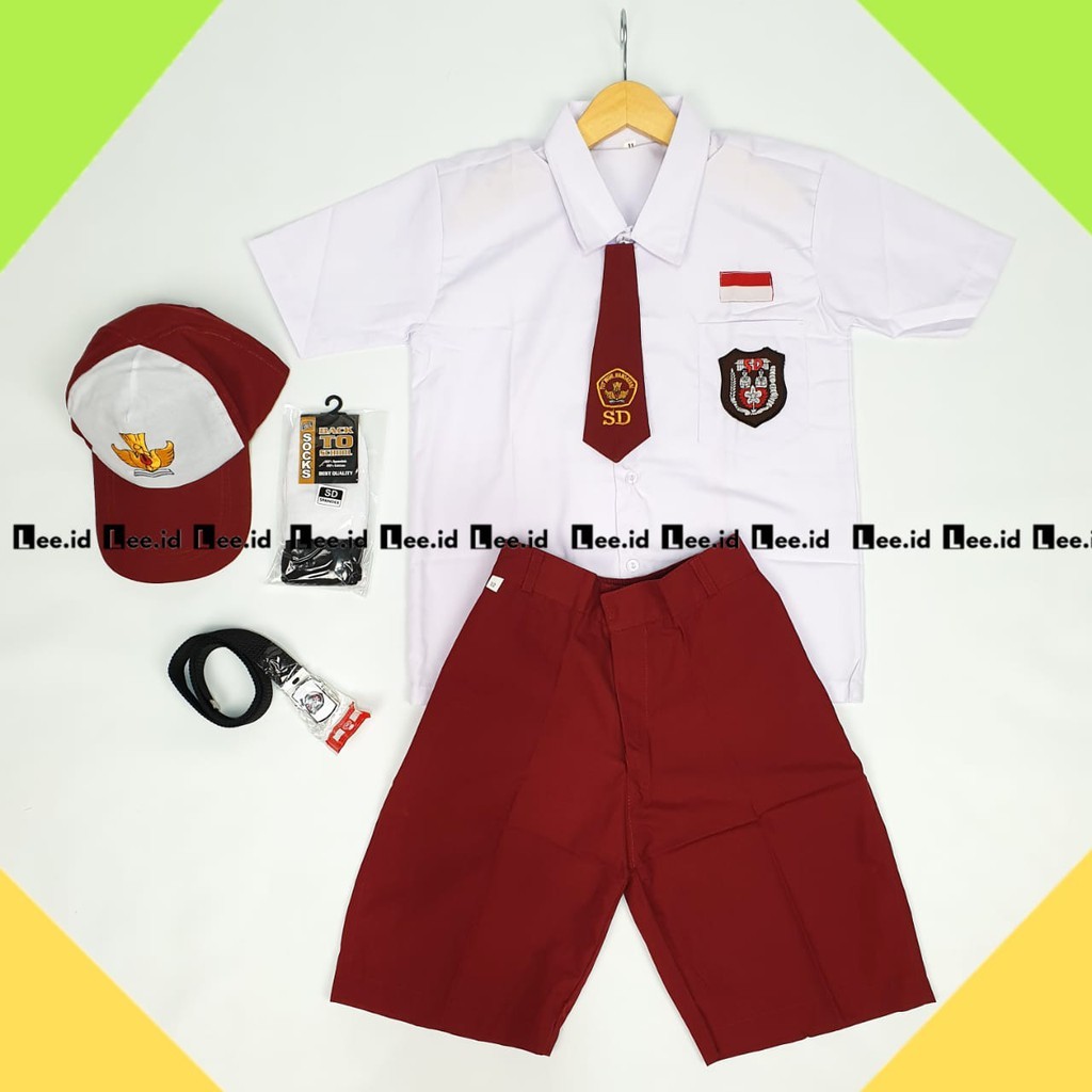 azamtea2STORELee Setelan Super Lengkap Seragam Sekolah SD Merah Putih Pendek Laki-laki Kelas 1-6 SD