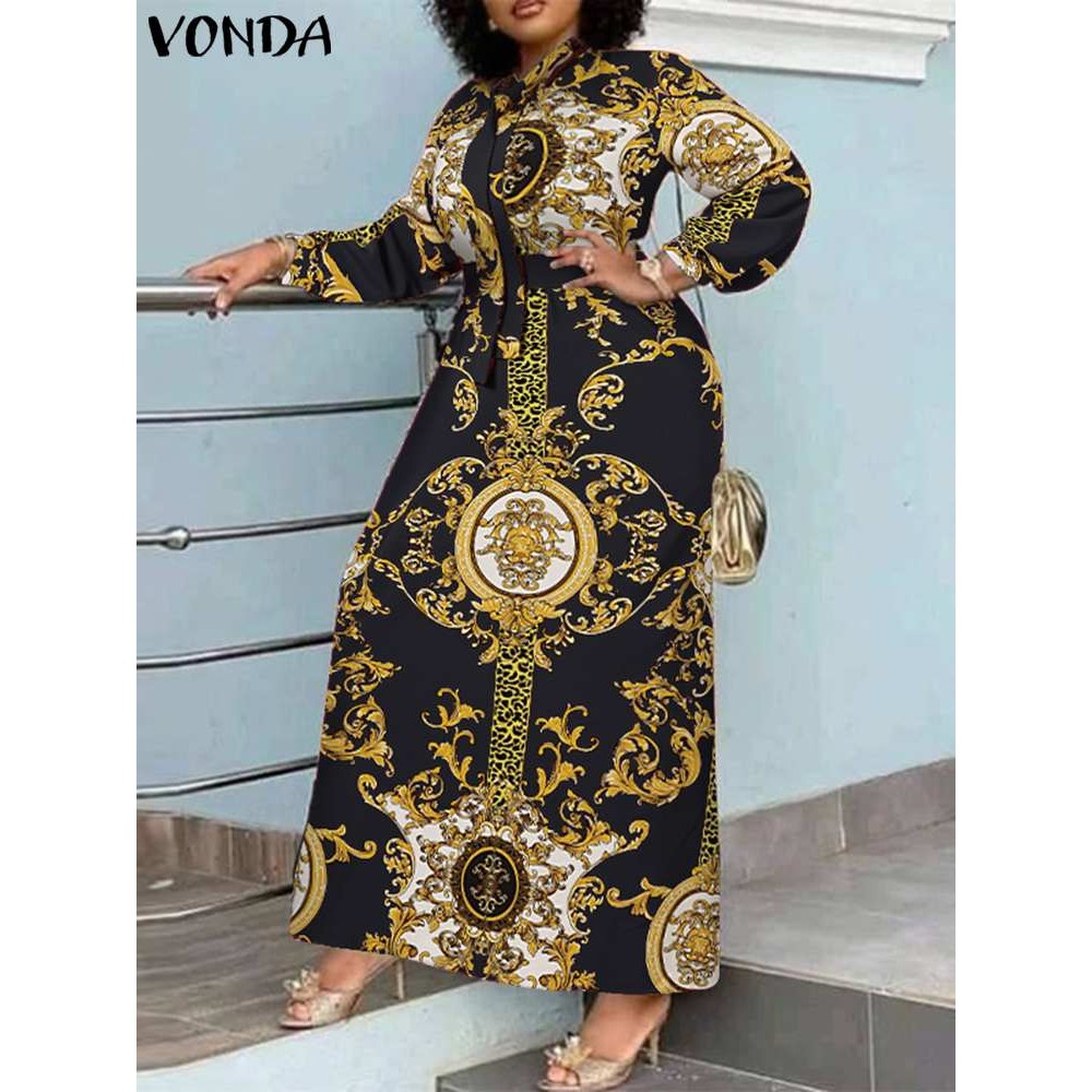 VONDA Maxi Dress 2024 Summer Women Bohemian Printed Party Sundress Long Sleeve Stand Collar Casual R