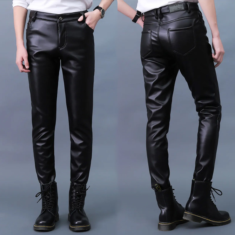 New Men's Leather Pants Slim Fit PU Leather Pants Fashionable Stretch Motorcycle Leather Pants Water