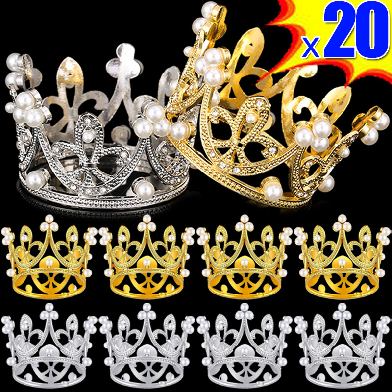 

20/1Pcs Crown Cake Decoration Mini Gold Silver Pearl Crown Cake Topper for Flower Arrangement Shower Birthday Wedding Decoration