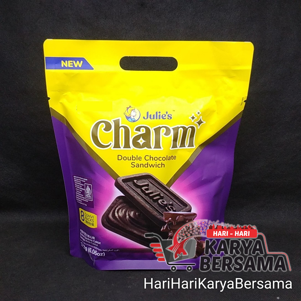 

MAKANAN RINGAN BISKUIT JULIE'S CHARM DOUBLE CHOCOLATE SANDWICH ISI 8'S X 21.5GR