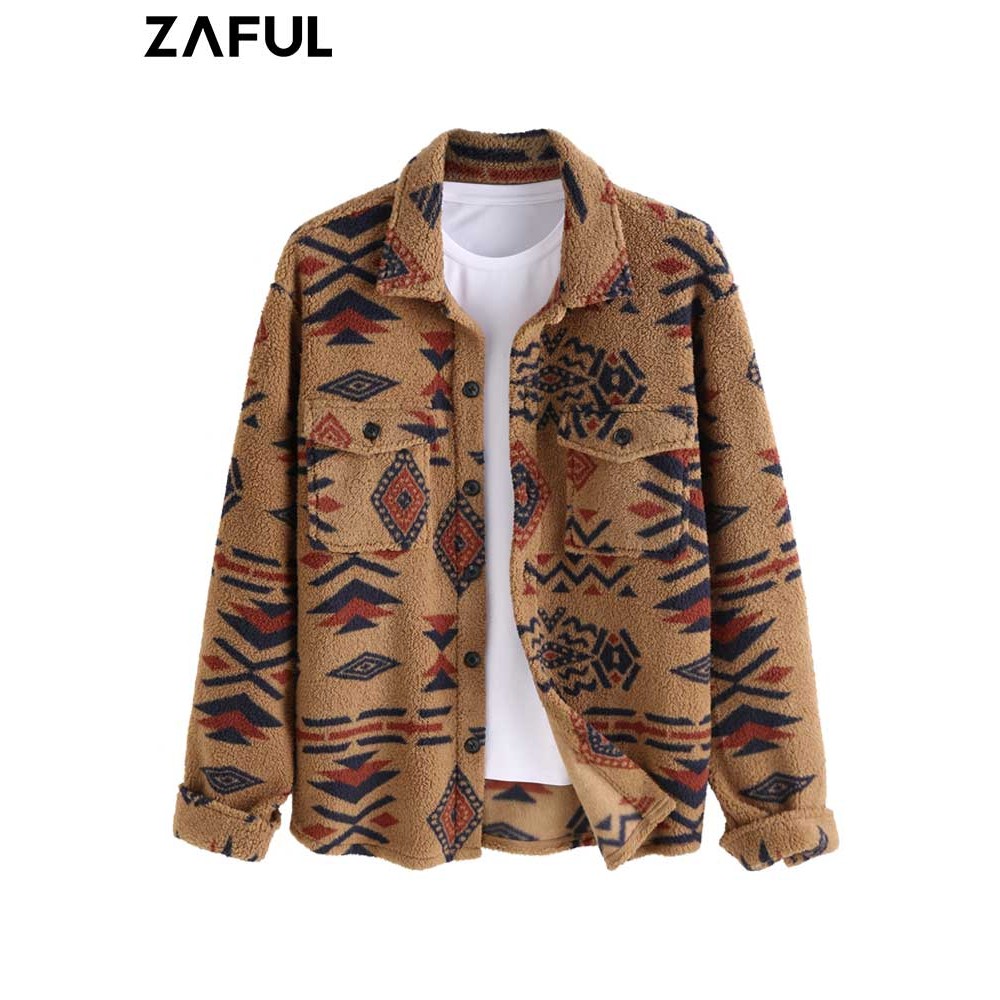 ZAFUL Polar Fleece Fluffy Men's Jacket Ethnic Aztec Geometric Printed Jackets Winter High Stretch St