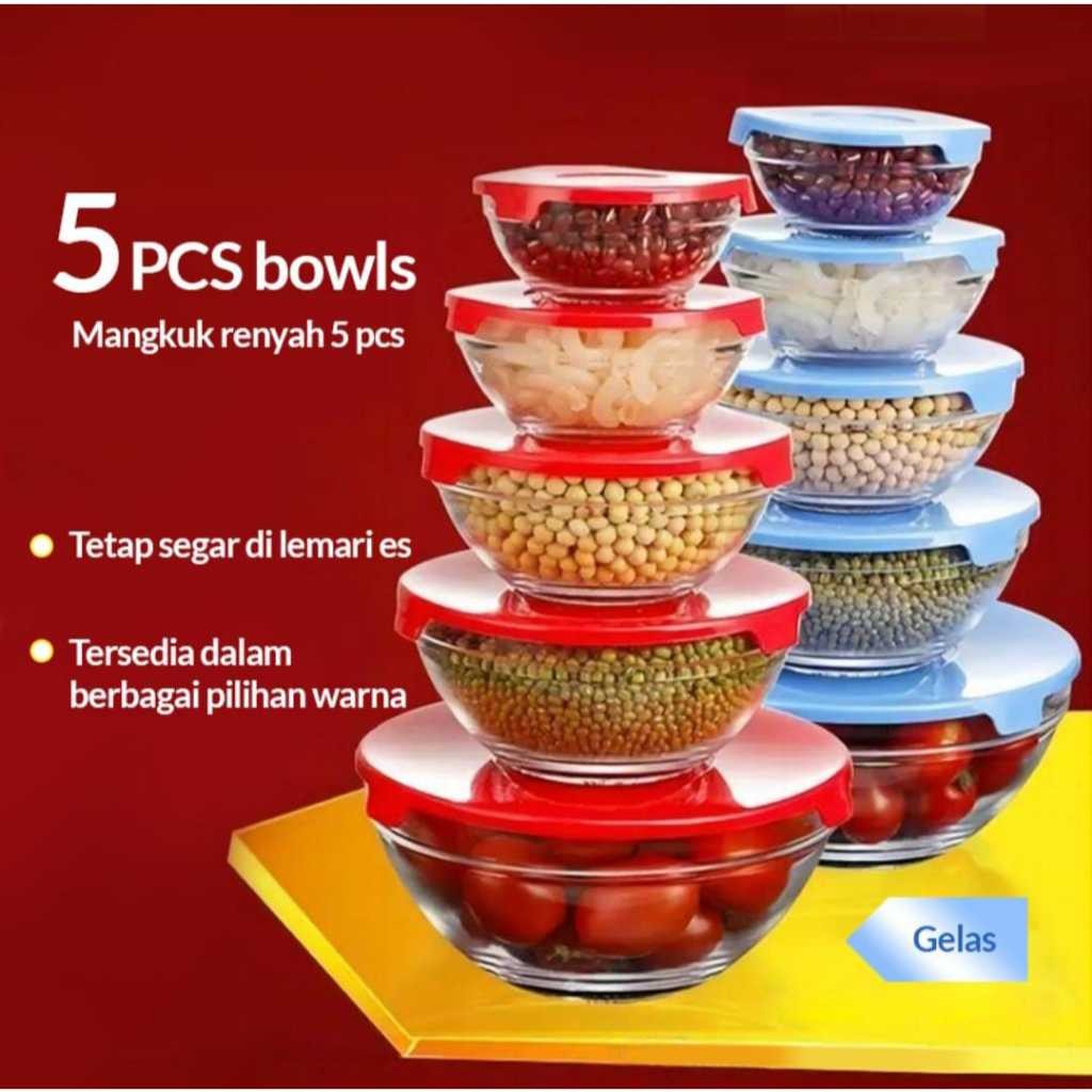 Mangkok kaca Set isi 5 Susun + Tutup Bowl HC Beranak MANGKOK KACA SET ISI 5 - GLASS BOWL SET 5IN1 IS