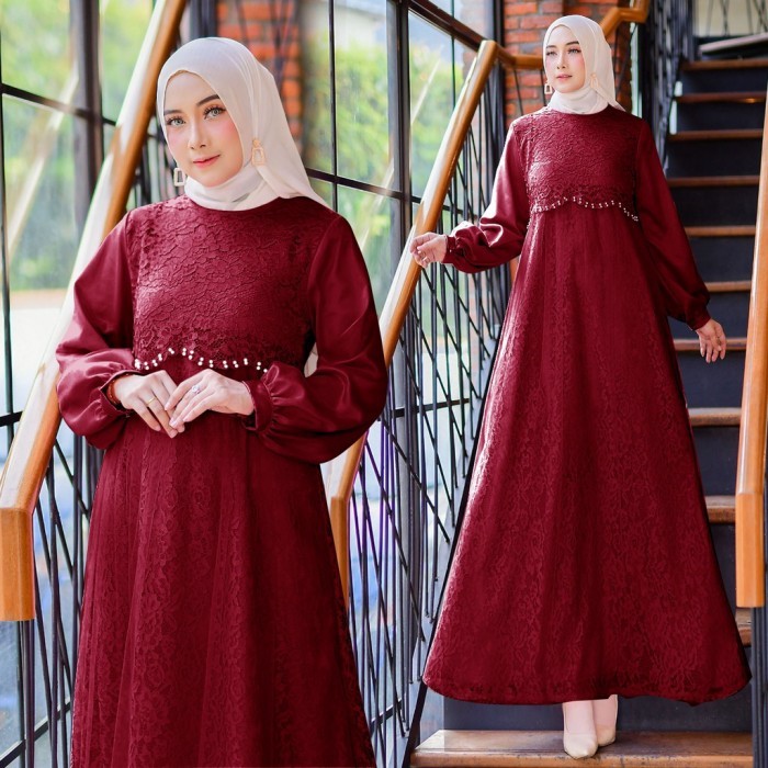 Gamis Dress Brukat Brokat Muslim KHINZA M L XL XXL Jumbo MERAH MAROON - 1pc Hijab Bela
