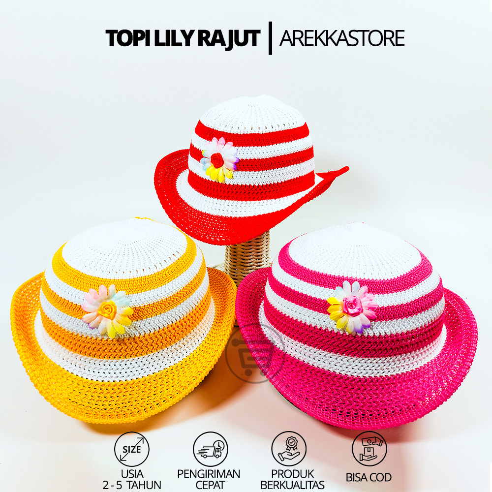 Topi Rajut Anak Perempuan Bahan Rajut Model Bunga Lily Ukuran Balita Usia 2 - 5 Tahun Cantik & Lucu